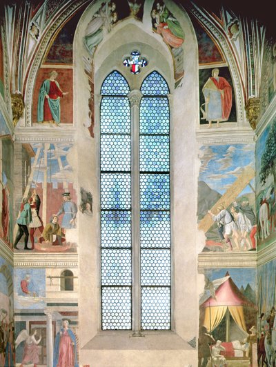 Ansicht der Endwand der Apsis mit Fresken aus dem Zyklus der Legende vom Wahren Kreuz, vollendet 1464 (nach der Restaurierung) von Piero della Francesca